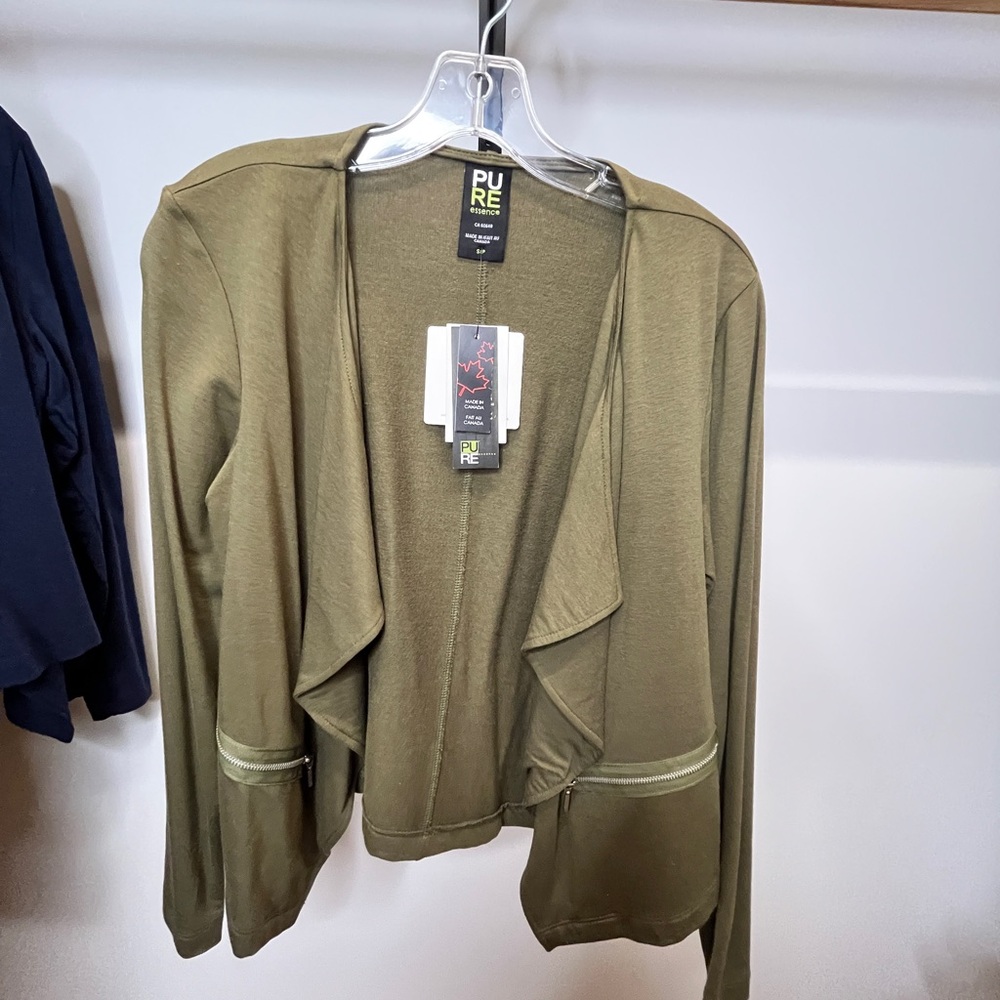 Pure Essence Olive Draped Open-Front Cardigan with Zip Trim NWT